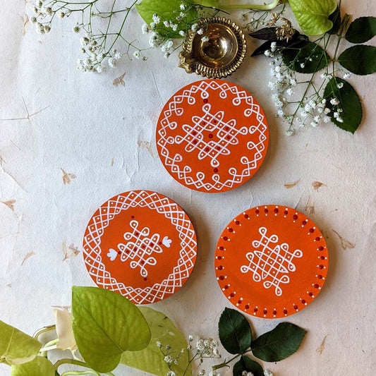 Round Border Design 4"Assorted Designs (Set Of 2) Orange