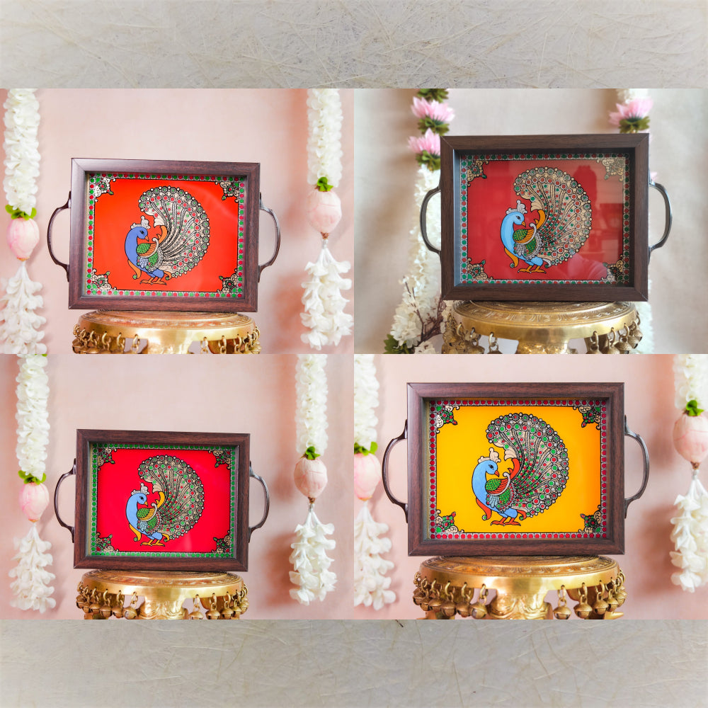 Indian Peacock Tray Handcrafted Decorative Tray With Vibrant Peacock Motif