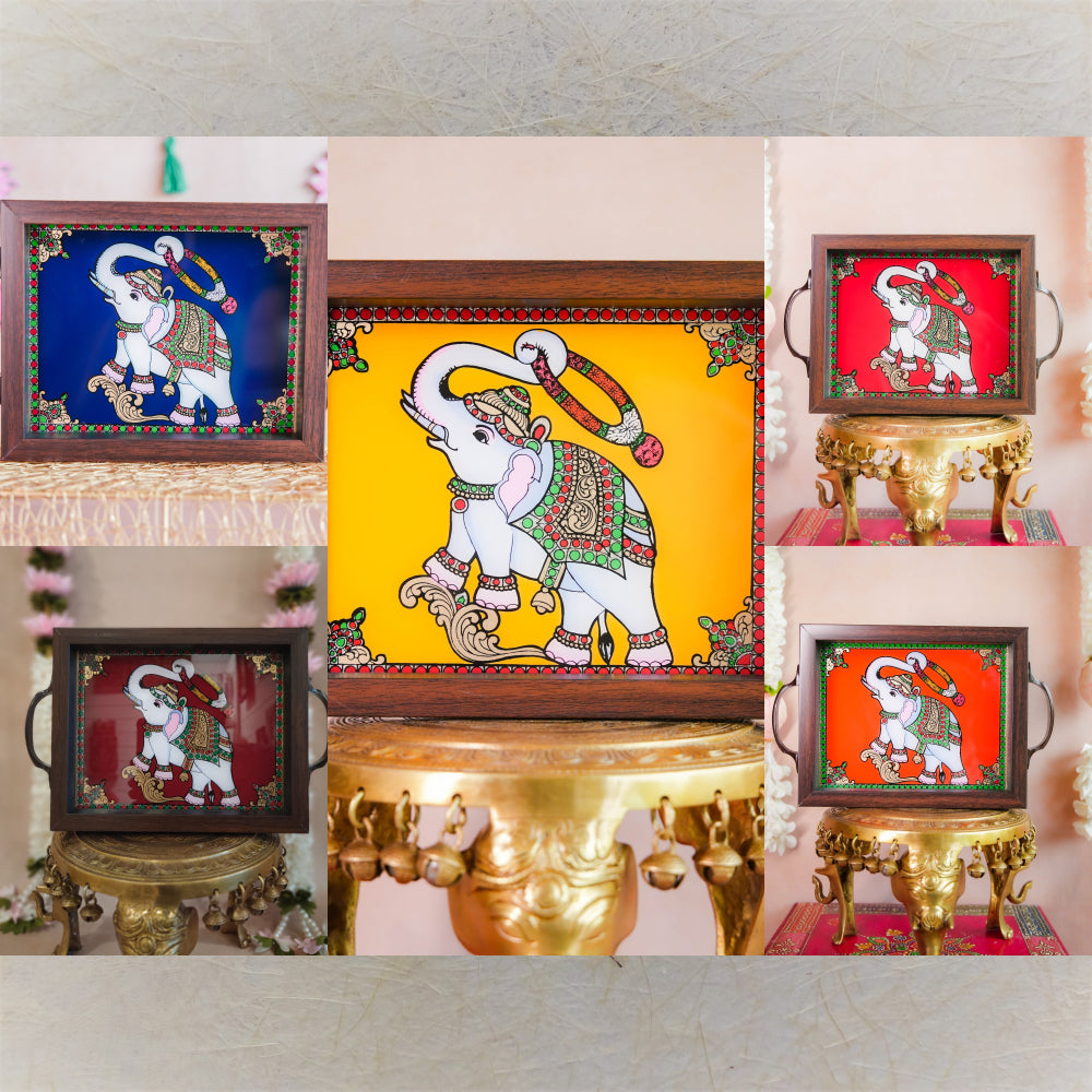 Blessing Elephant Trays Handcrafted Decorative Trays With Vibrant Elephant Motif For Luck And Prosperity