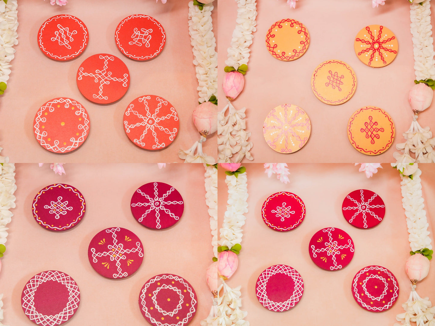 Round Kolammanai Orange 4" Set Of 2 Handcrafted Traditional Kolam Design For Spiritual Decor