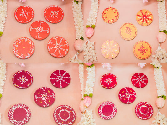 Round Kolammanai Orange 4" Set Of 2 Handcrafted Traditional Kolam Design For Spiritual Decor