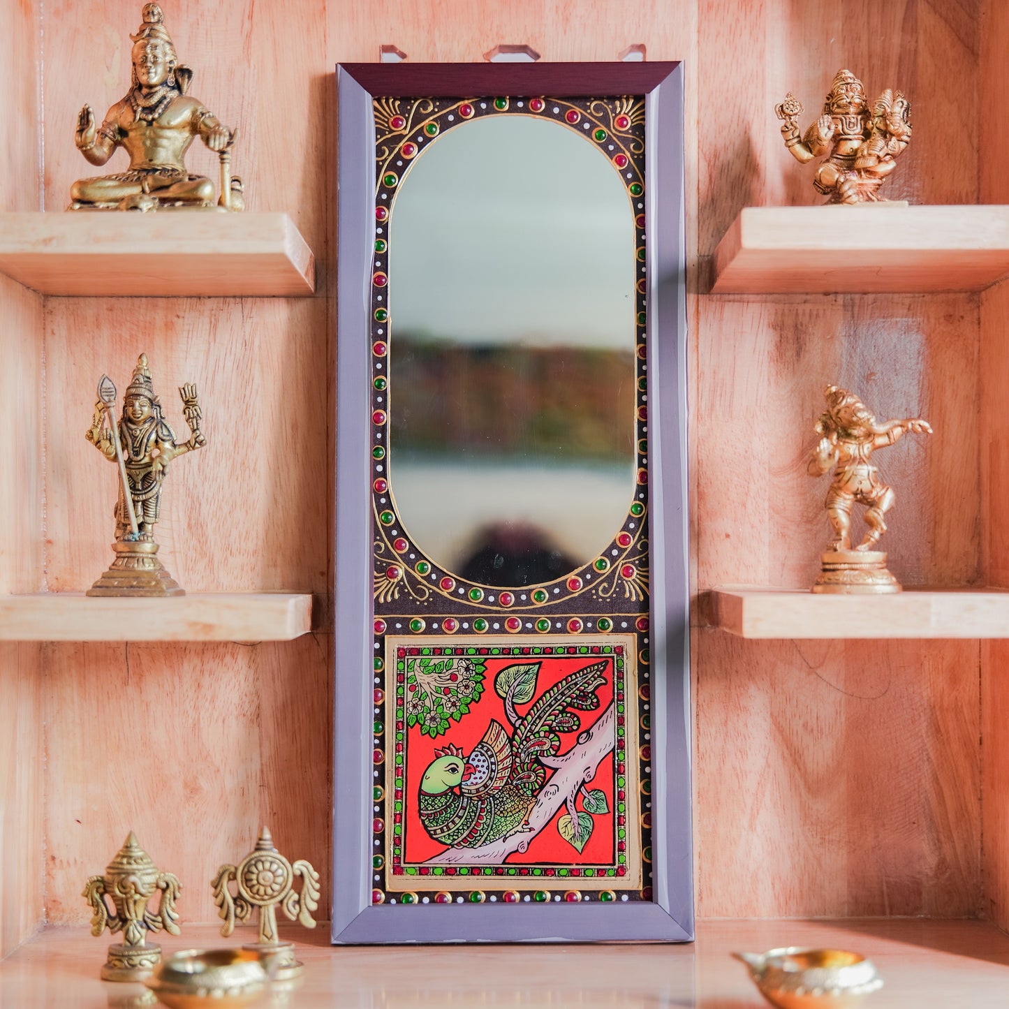 Auspicious Parrot Mirror Handcrafted Indian Decor With Vibrant Symbolism Of Joy And Prosperity