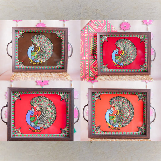 Indian Peacock Tray Handcrafted Decorative Tray With Vibrant Peacock Motif