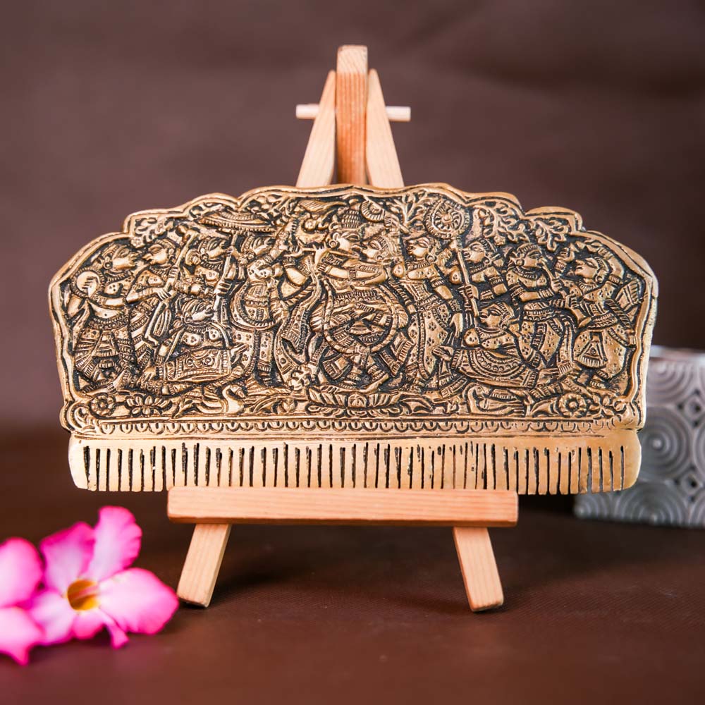 Radha Krishna Handcrafted Brass Comb - Traditional Indian Art On Decorative Easel