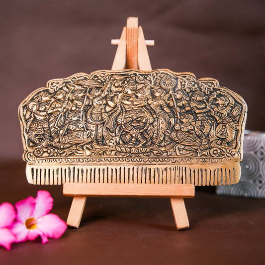Radha Krishna Handcrafted Brass Comb - Traditional Indian Art On Decorative Easel