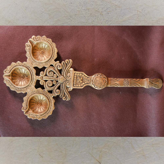 Handcrafted Brass Triple Diya Oil Lamp - Traditional Indian Decorative Diya For Festive And Pooja Use