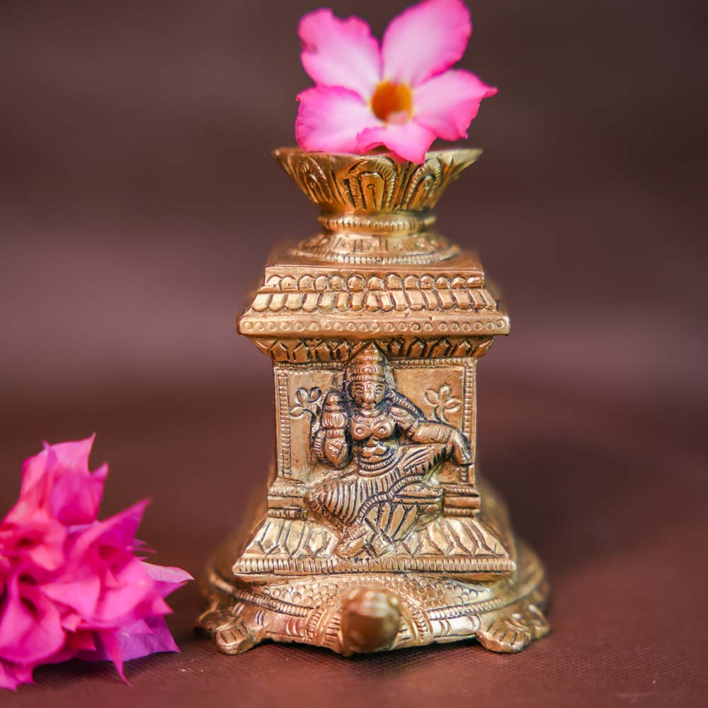 Handcrafted Tulsi Brass Lamp And Incense Holder - Traditional Indian Pooja Decor With Lakshmi Carving