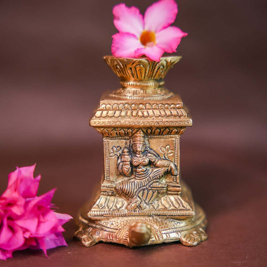 Handcrafted Tulsi Brass Lamp And Incense Holder - Traditional Indian Pooja Decor With Lakshmi Carving