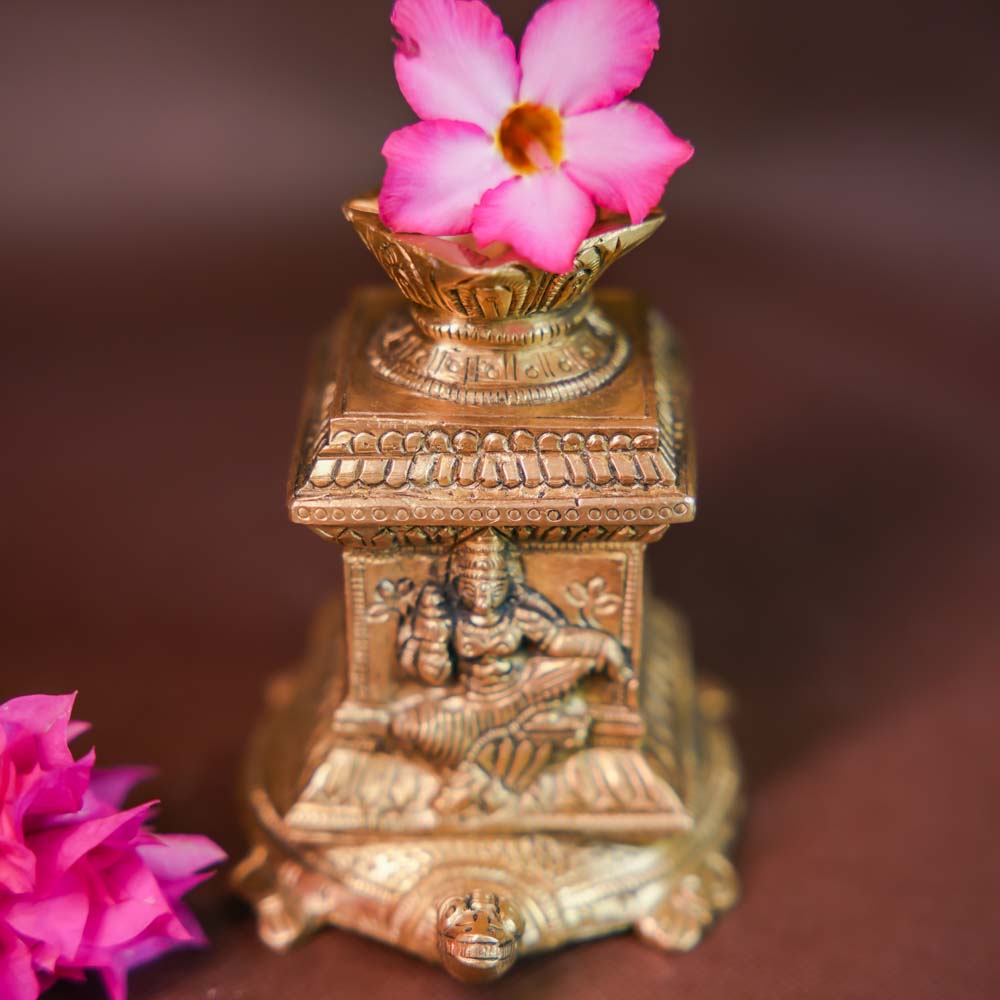 Handcrafted Tulsi Brass Lamp And Incense Holder - Traditional Indian Pooja Decor With Lakshmi Carving