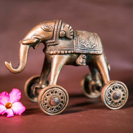 Handcrafted Brass Elephant On Wheels - Traditional Indian Decorative Figurine