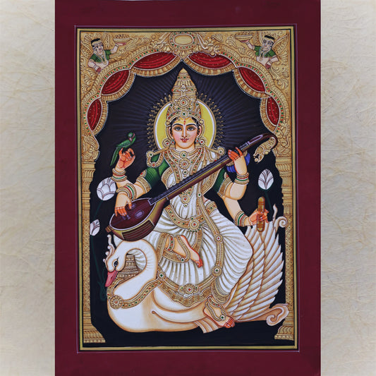 Saraswati : Goddess Of Learning On Swan Hancrafted Tanjore Style Gold Painting.Set In Beautiful Chettinad Style Frame