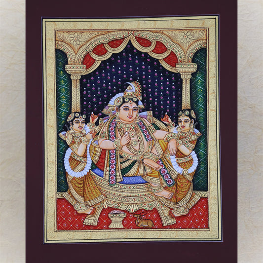 Krishna With Consorts : Krishna Durbar Handmande Tanjore Style Gold Painting.Painting Only.With Chettinad Frame