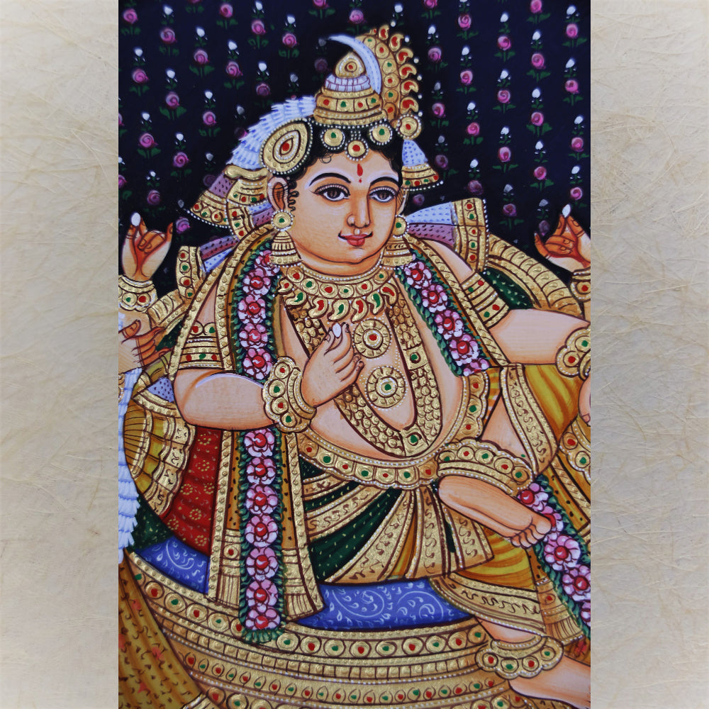 Krishna With Consorts : Krishna Durbar Handmande Tanjore Style Gold Painting.Painting Only.With Chettinad Frame
