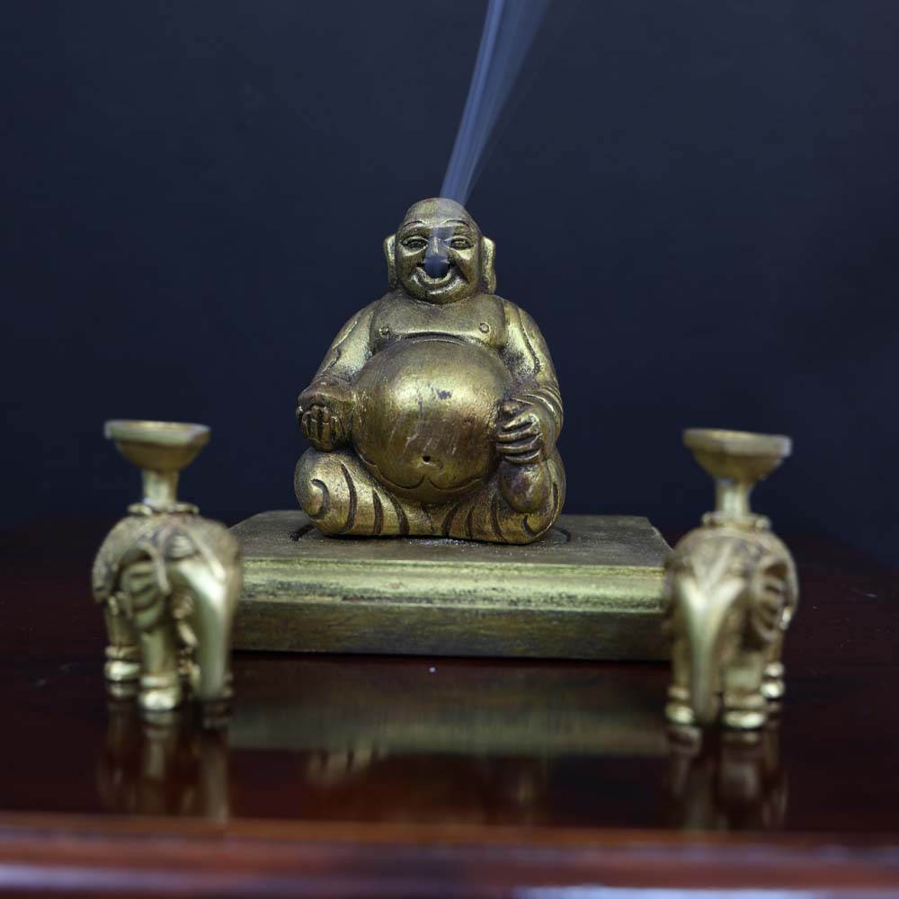 Laughing Buddha : Mystic Smoking Laughing Buddha Handmade Incense Holder For Wealth & Abundance