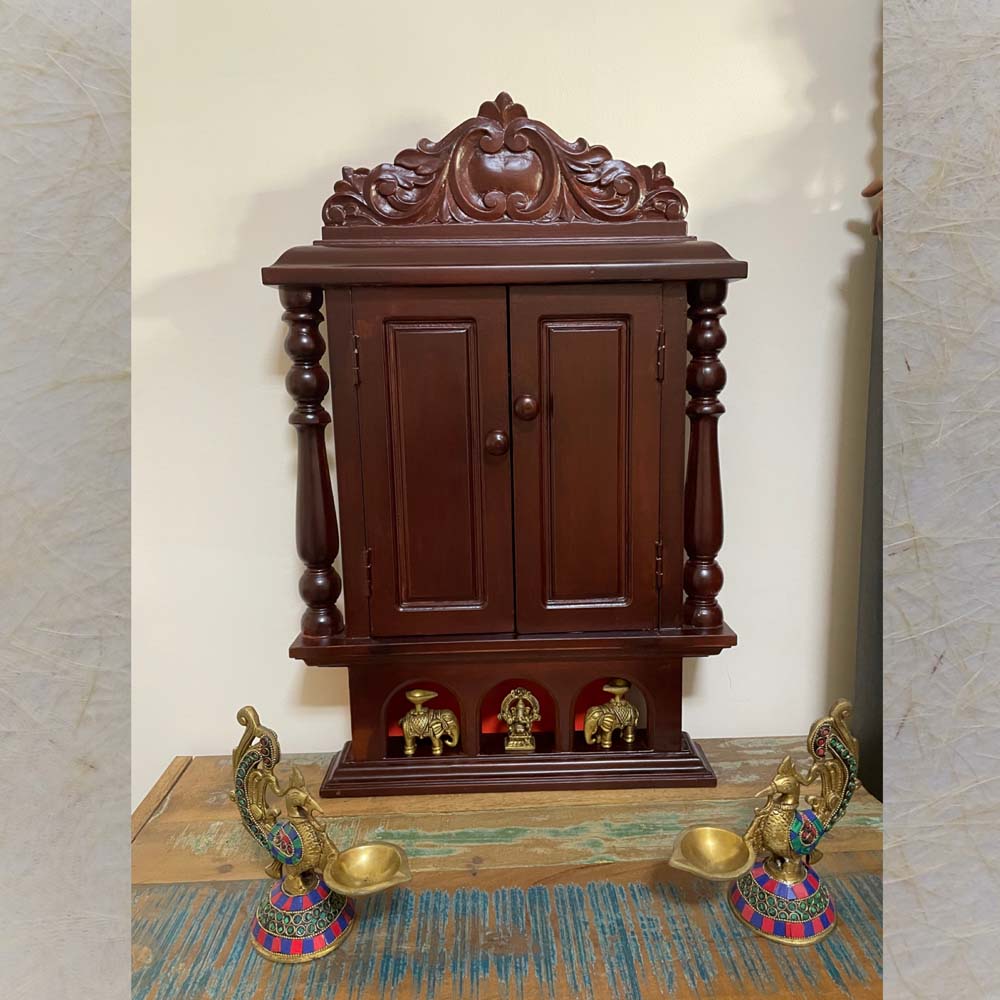 Ethnic Wooden Pooja Mandapam With Framed Lakshmi Artwork