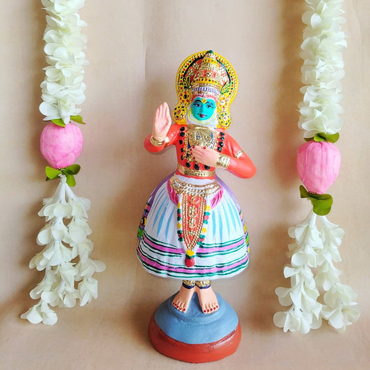Handcrafted Krishna Kathakali Red Dancer Figurine - Traditional Indian Art In Vibrant Colors For Home Decor