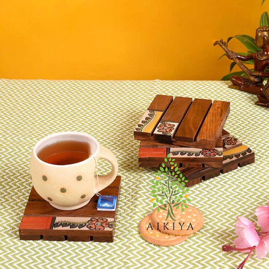 Hand Painted Brown Wooden Coaster ( Set Of 4)