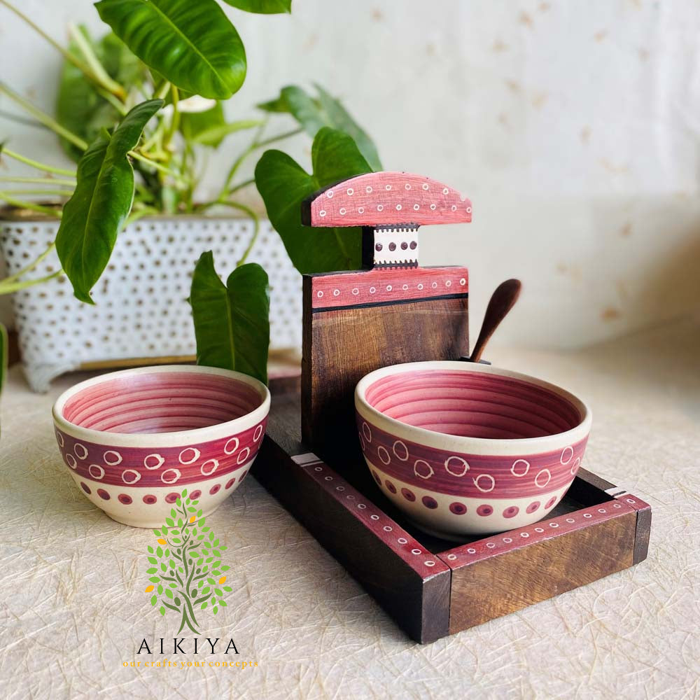 Ceramic Bowls And Wooden Tray
