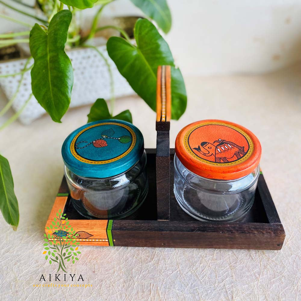 Snacks Jars Set In Glass With Handpainted Tray 2Set