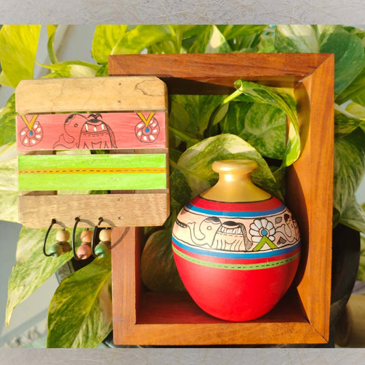 Hand-Painted Miniature 2 Red Pots With Sheesham Wooden Frame