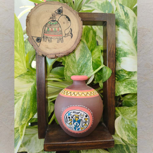 Handpainted Terracotta Brown Pot Set With Sheesham Wooden Frame Wall Hangin