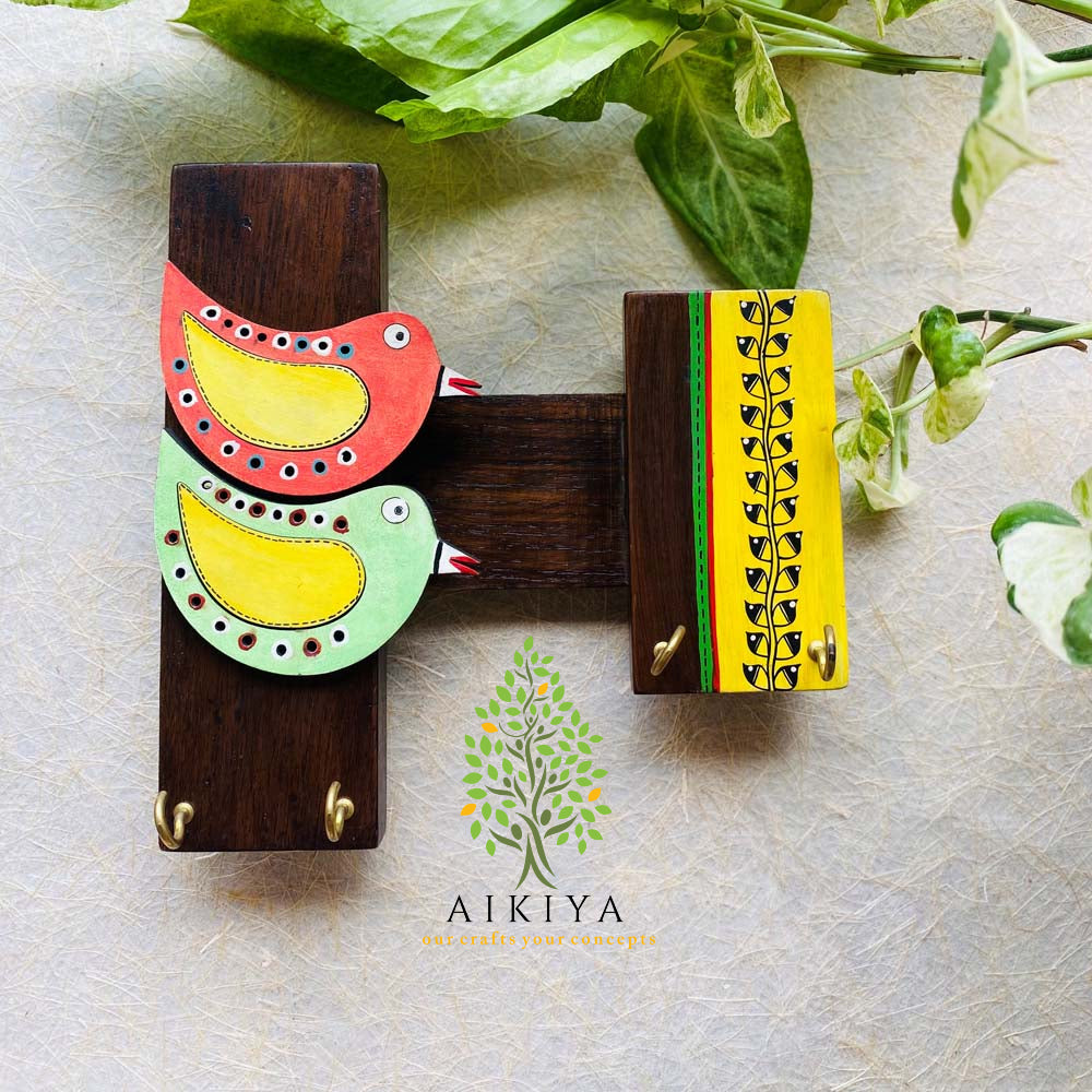 Wooden Multi-Color Bird Handpainted Madhubani Wall Hanging Key Hook ( 4 Hooks)