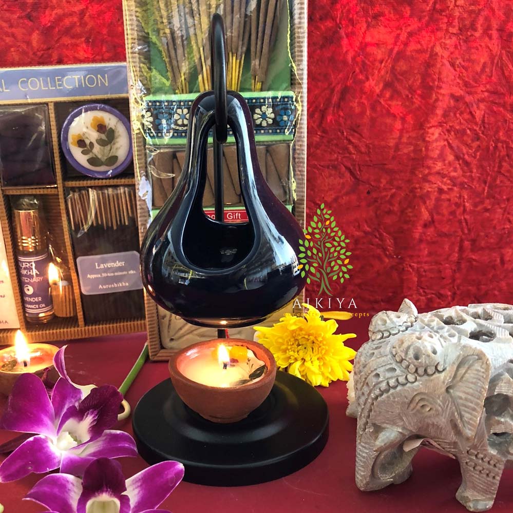 Blue Ceramic Oil Diffuser with Metal Stand + 1 Tea Light