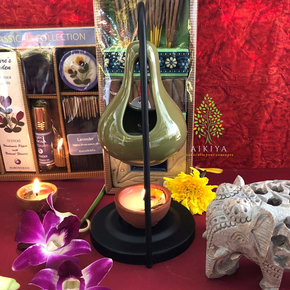 Green Ceramic Oil Diffuser with Metal Stand + 1 Tea Light