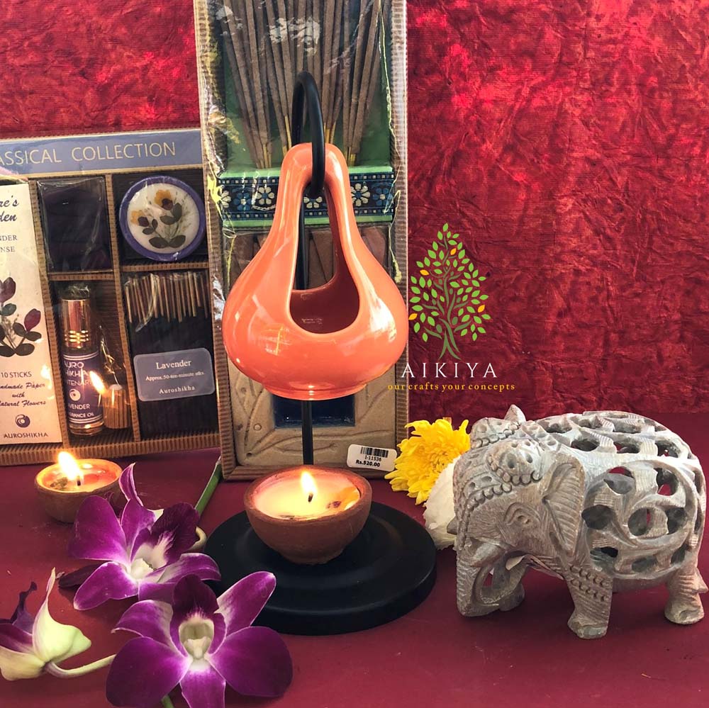 Orange Ceramic Oil Diffuser with Metal Stand +1 Tea Light