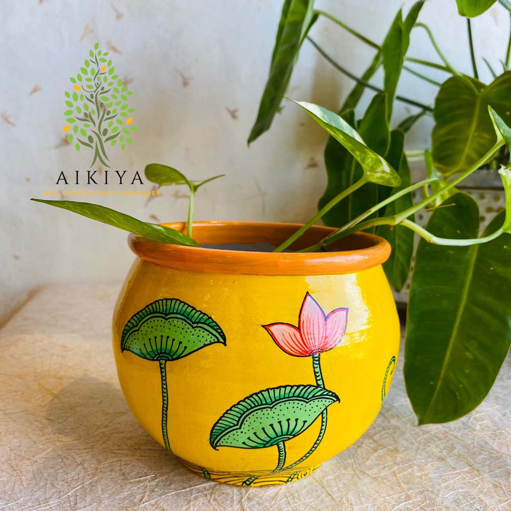 Hand Painted Lotus Pot - Yellow