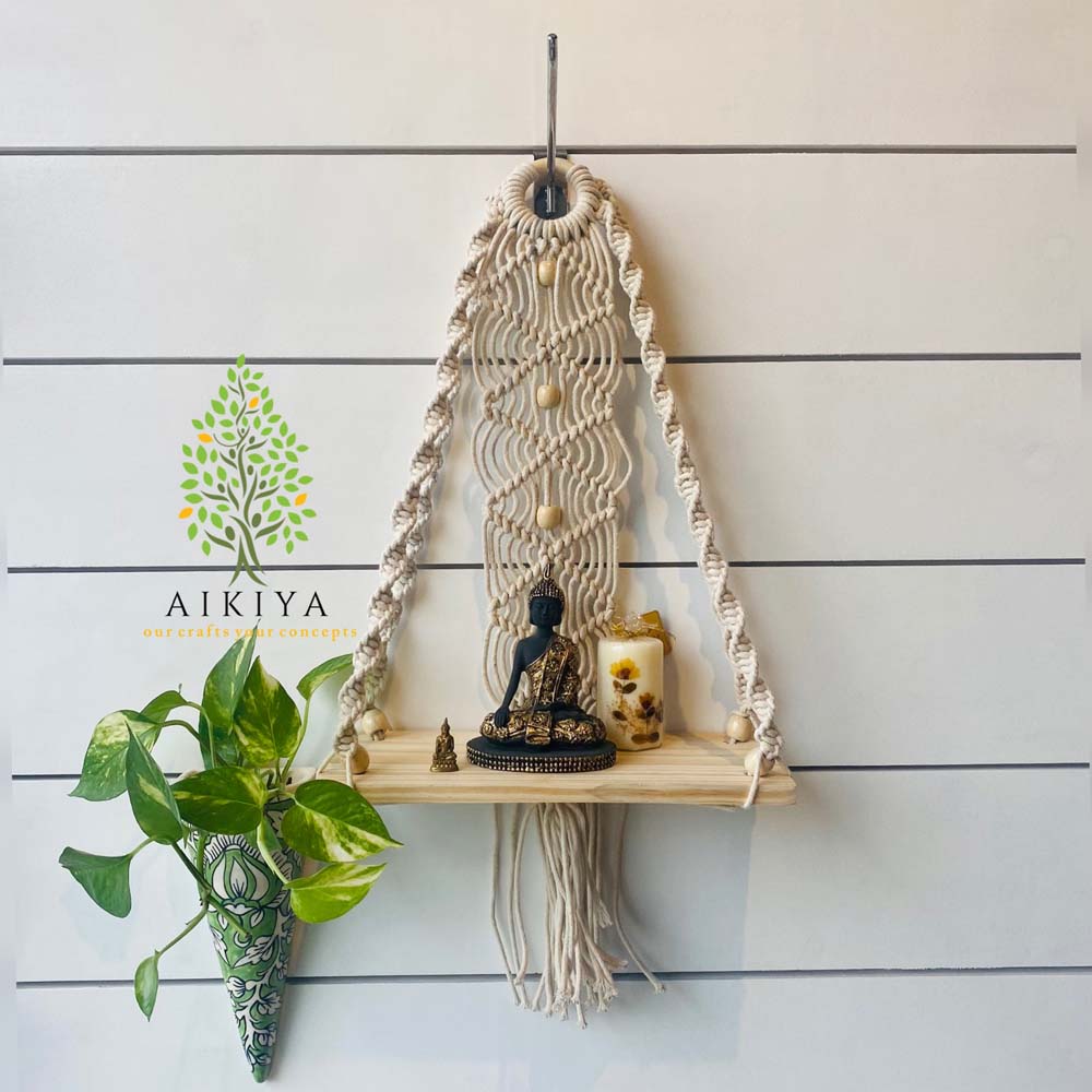 Handmade Macrame Decorative Wall Shelf In Pinewood And Beads