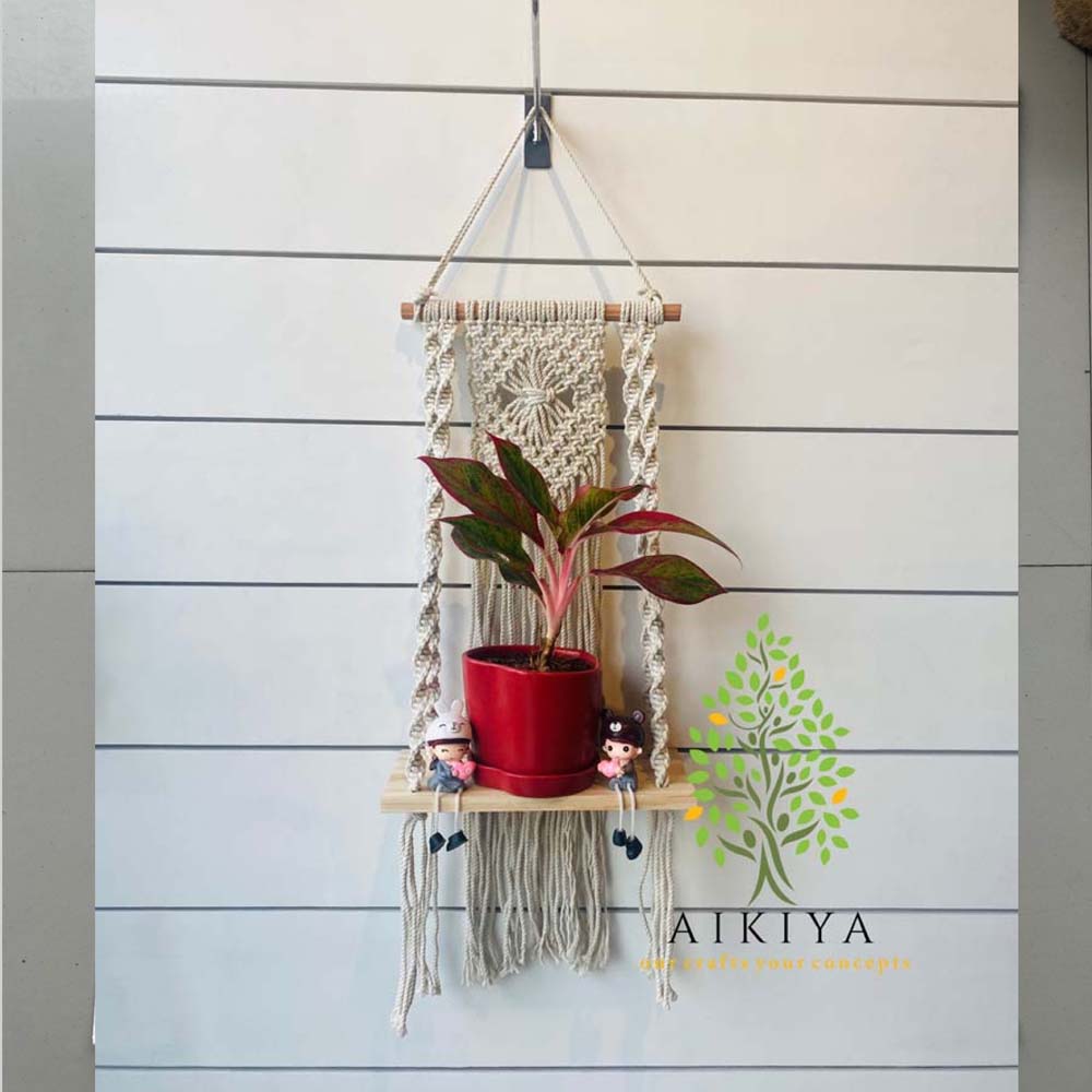 Handmade Macrame Decorative Wall Shelf In Pinewood And Beads