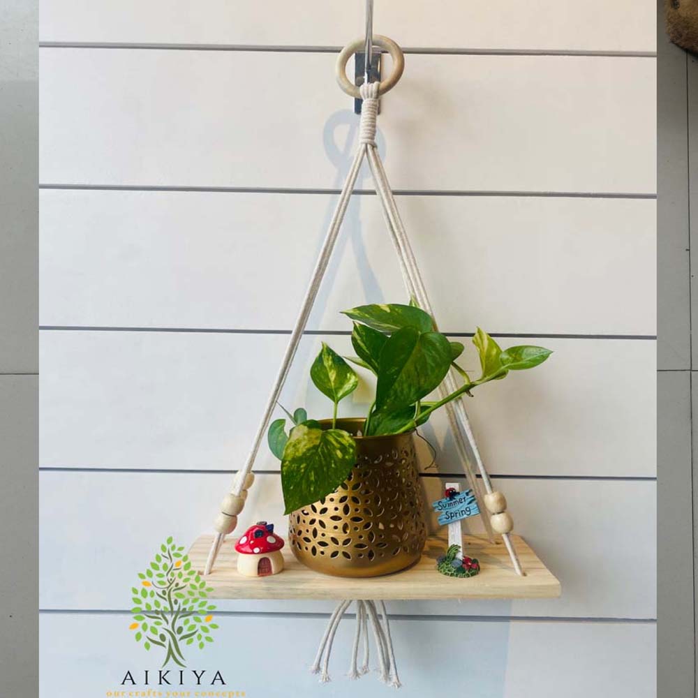 Handmade Macrame Triangular Decorative Wall Shelf In Pinewood And Beads