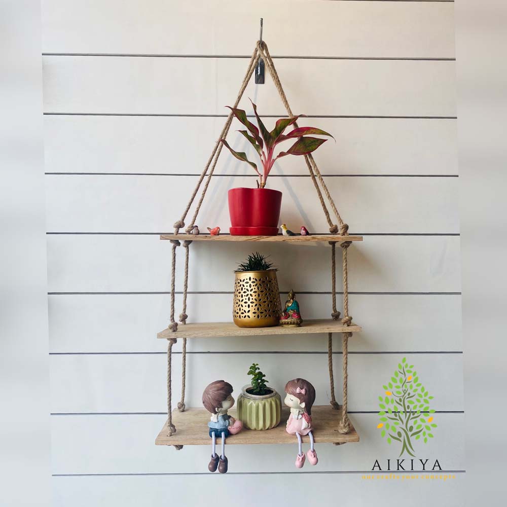 Handmade Macrame Rectangular Decorative Three Shelves In Pinewood And Beads