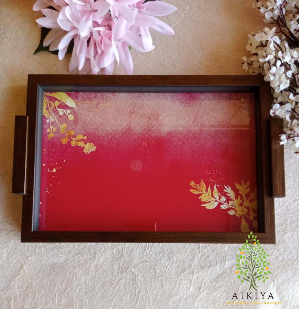 Rectangular Tray - Golden Sprays On Red