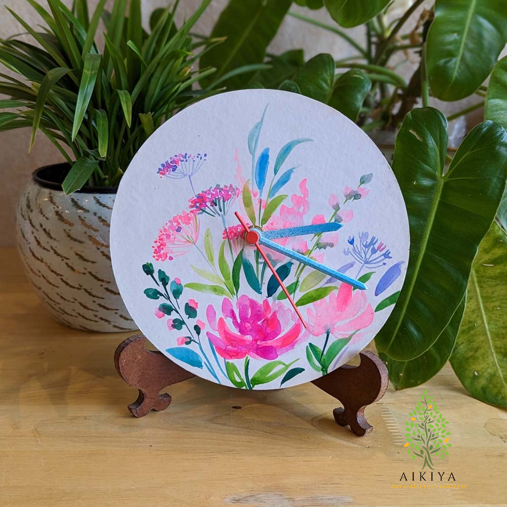Impressionist Floral Spray - Round Table Clock On Stand