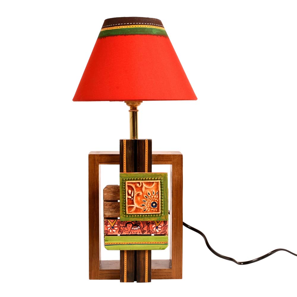Table Lamp Handcrafted In Wood With Tribal Motifs & Red Shade