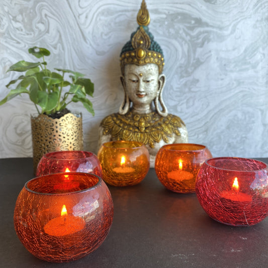 Crackling Glass Candle Holder Red Glow For A Cozy Ambience