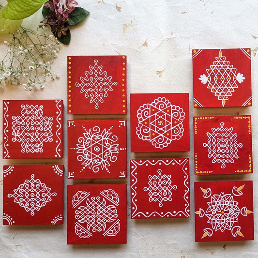 Kollam Manai 4"Assorted Designs (Set Of 2) Red