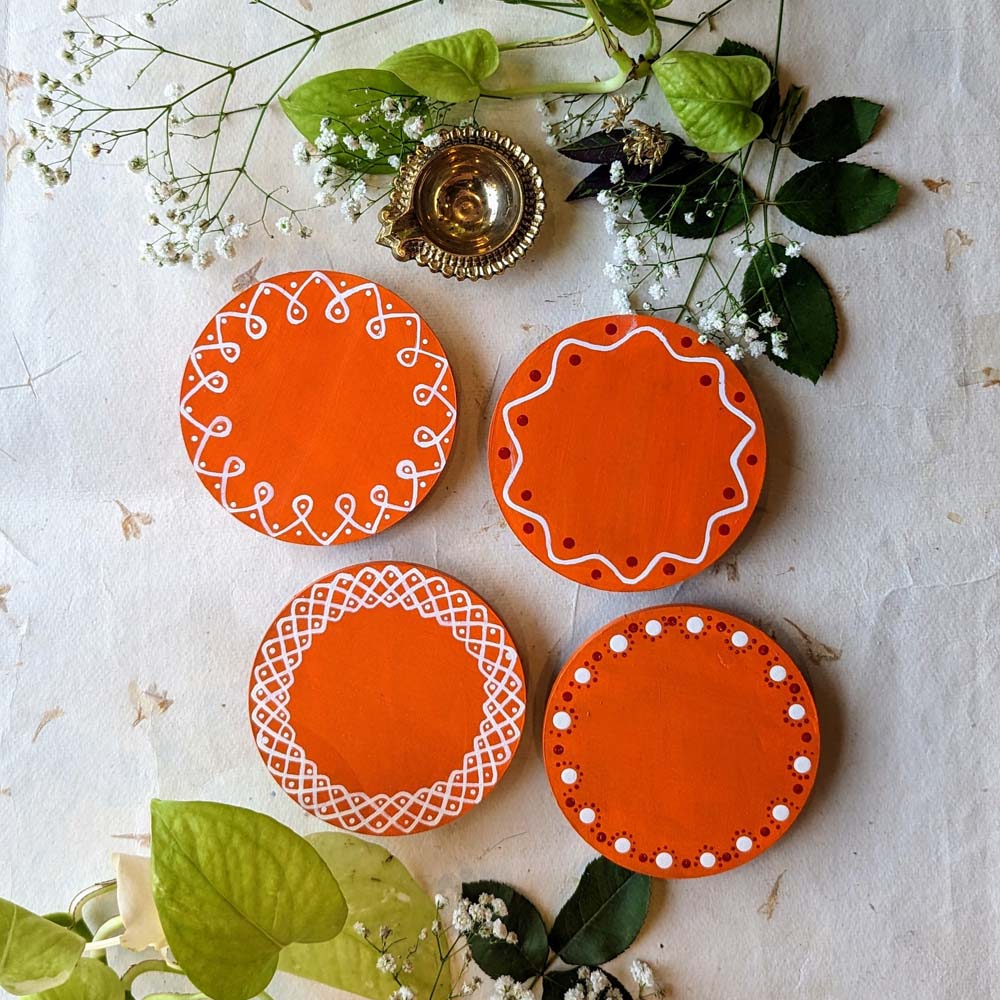 Round Border Design 4"Assorted Designs (Set Of 2) Orange