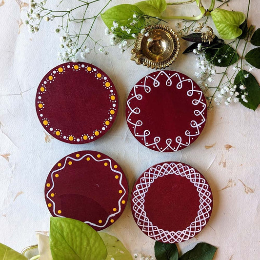 Round Border Design 4"Assorted Designs (Set Of 2) Maroon