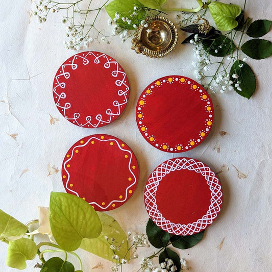 Round Border Design 4"Assorted Designs (Set Of 2) Red