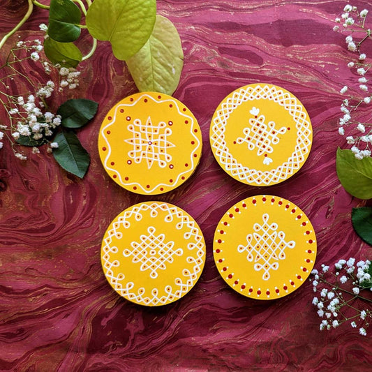 Round Border Design 4"Assorted Designs (Set Of 2) Yellow