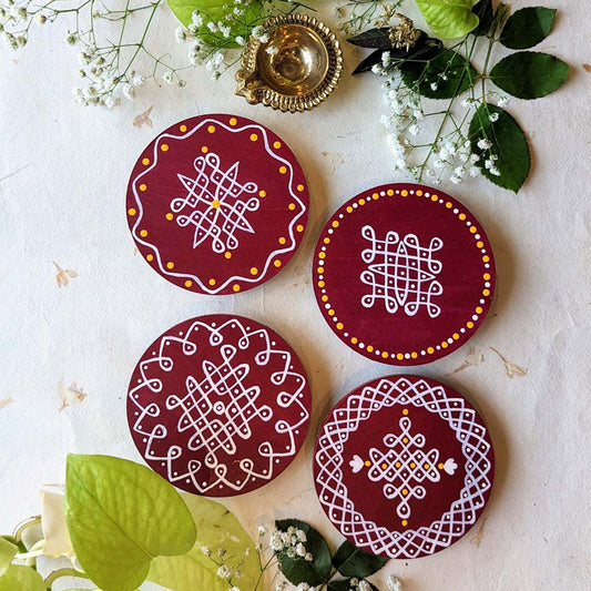 Round Border Design 4"Assorted Designs (Set Of 2) Maroon