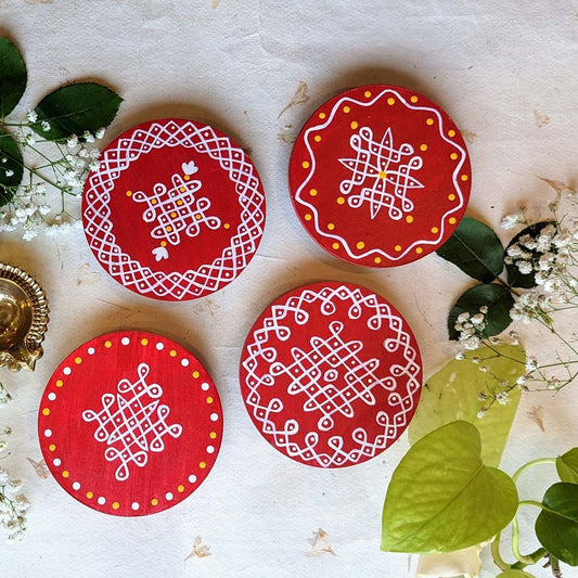 Round Border Design 4"Assorted Designs (Set Of 2) Red