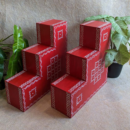 Vilakku Padi 3 Steps Step Size 4"X4" Red Set Of 2 Sutiable To Keep Lamps /Diyas And Idols