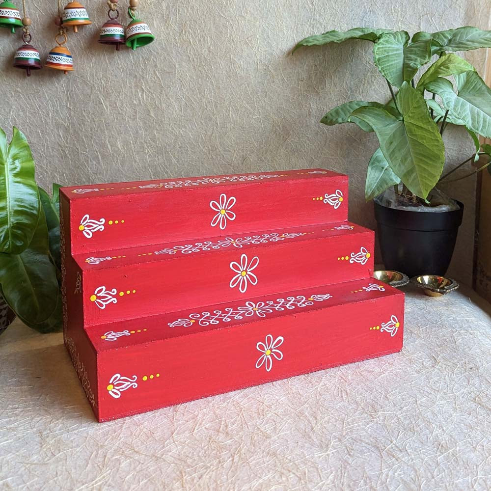 Golu Padi 3 Steps 4"X4" Step Size Red Suitable To Keep Brass And Golu Idols