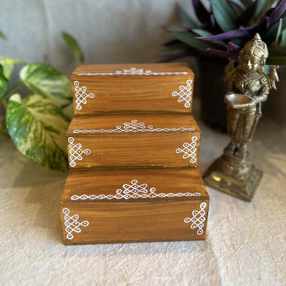 Puja Padi 3 Steps Step Size 2"X2" Teak Finish -Small. Suitable To Keep Small Brass Idols