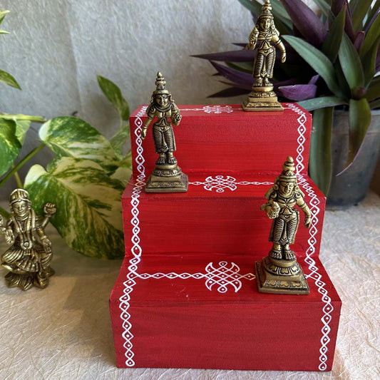 Puja Padi 3 Steps Step Size 2"X2" Red - Small.Small. Suitable To Keep Small Brass Idols