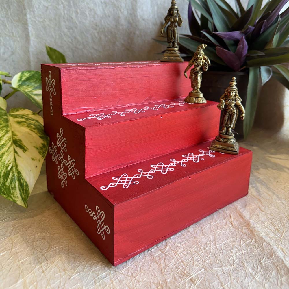 Puja Padi 3 Steps Step Size 2"X2" Red - Medium. Suitable To Keep Small Brass Idols